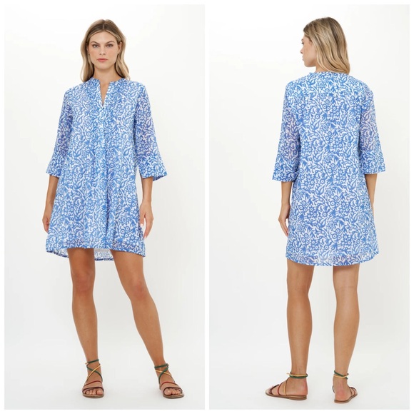 OLIPHANT 3/4 Sleeve Pintuck Mini Dress in Cypress Blue - Picture 2 of 10